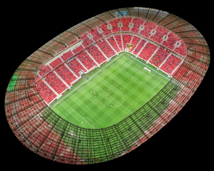 Amazing giant arena building in Hungary.  illuminated Ferenc Puskas Stadium also known as Puskas Arena. builtr in 2020.
