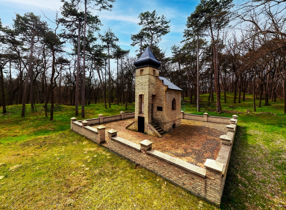 Little chapel in a forest. The name is Banyovszky chapel near by felsotengelic town. Part of a famousless education trail in Hungary.