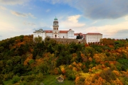 Fantastic arieal photo of Pannonhalama Benedictine abbey in Hungary. Amazing historical building with a beautiful church and library. Popular tourist destination with guided tours
