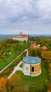 Fantastic arieal photo of Pannonhalama Benedictine abbey in Hungary. Amazing historical building with a beautiful church and library. Popular tourist destination with guided tours