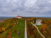 Fantastic arieal photo of Pannonhalama Benedictine abbey in Hungary. Amazing historical building with a beautiful church and library. Popular tourist destination with guided tours