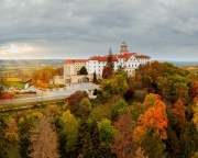 Fantastic arieal photo of Pannonhalama Benedictine abbey in Hungary. Amazing historical building with a beautiful church and library. Popular tourist destination with guided tours