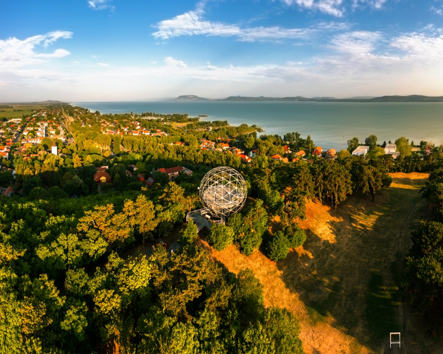 Orb lookout point in Balatonboglar Hungary. Lake balaton and Bafdacsony mountain is on the background. This place is next to an adventure park.