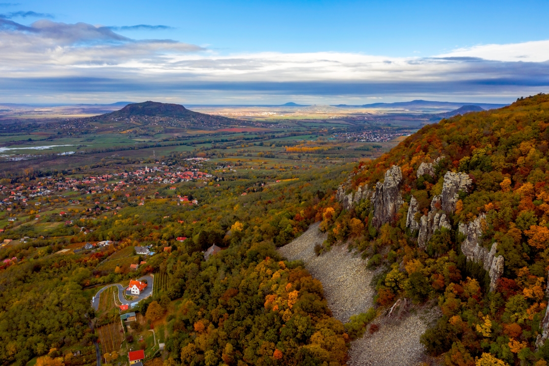 Saint Gerorge Hill in Hungary badacsony region. Amazing vulcanic mountain where giant basalt columns  located. Beautiful autumn colorful photo. Perfedct place for hiking or tripping