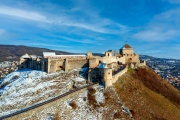 Castle of Sumeg in Hungary. Historical fort ruins museum in Upper balaton region. Ancient fortress in amazing panoramic view.