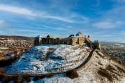 Castle of Sumeg in Hungary. Historical fort ruins museum in Upper balaton region. Ancient fortress in amazing panoramic view.