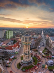 Europe Hungary Siofok Lake Balaton. Cityscape sunset water tower panorama