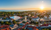 Europe Hungary Siofok Lake Balaton. Cityscape. sunset. water tower. panorama. city library. Church of the Blessed Virgin Mary in Siofok. sio plaza.
