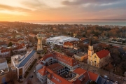 Europe Hungary Siofok Lake Balaton. Cityscape sunset water tower panorama