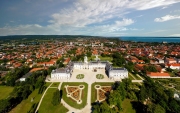 Aerial photo about a Hungarian historical castle and museum which name is Festetics castle. This medieval castle is in Keszthely city next to Balaton lake.