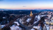 Veszprem city castle aera aerial photo in winter with snow. Amazing city part with historical old houses, church and much more. The most beautiful part of this city.