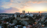 Veszprem city castle aera aerial photo in winter with snow. Amazing city part with historical old houses, church and much more. The most beautiful part of this city.