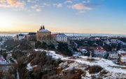 Veszprem city castle aera aerial photo in winter with snow. Amazing city part with historical old houses, church and much more. The most beautiful part of this city.