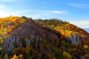 Saint Gerorge Hill in Hungary badacsony region. Amazing vulcanic mountain where giant basalt columns  located. Beautiful autumn colorful photo. Perfedct place for hiking or tripping