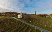 Amazing little chapel near by lake Balaton in Hungary. Next to Lencseitsvand town. Amazing autunm mood with grape fields. This building name is virgin Maria Chapel. Hungarian name is Szűz Mária kápolna