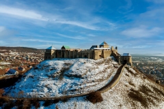 Castle of Sumeg in Hungary. Historical fort ruins museum in Upper balaton region. Ancient fortress in amazing panoramic view.