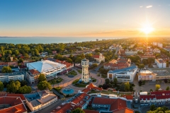 Europe Hungary Siofok Lake Balaton. Cityscape. sunset. water tower. panorama. city library. Church of the Blessed Virgin Mary in Siofok. sio plaza.