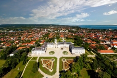 Aerial photo about a Hungarian historical castle and museum which name is Festetics castle. This medieval castle is in Keszthely city next to Balaton lake.