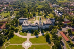 Aerial photo about a Hungarian historical castle and museum which name is Festetics castle. This medieval castle is in Keszthely city next to Balaton lake.
