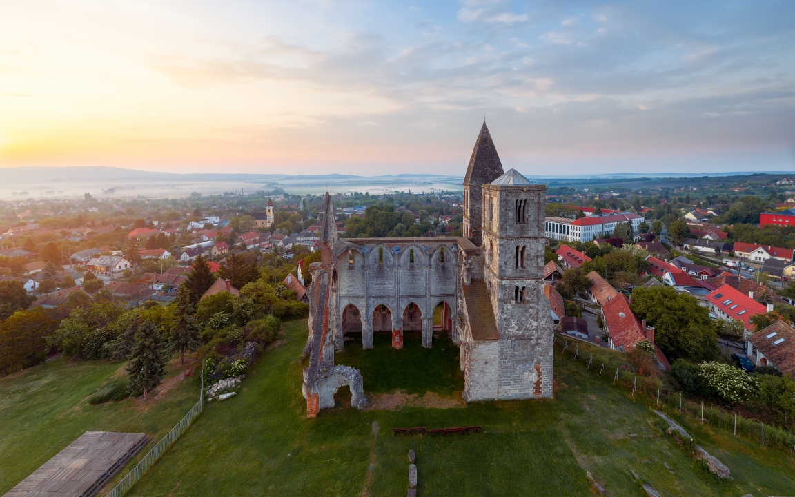 Amazing aerial photo about the Premontre Monastery. This is a church ruin in Zsambek city Hungary. Built in 1220-1234.  Roman and gotchic style. Destroyed an big earthquake in 1763.