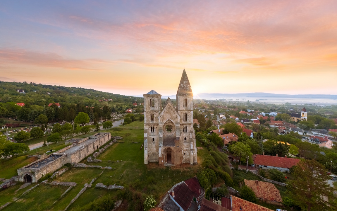 Amazing aerial photo about the Premontre Monastery. This is a church ruin in Zsambek city Hungary. Built in 1220-1234.  Roman and gotchic style. Destroyed an big earthquake in 1763.