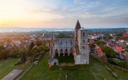 Amazing aerial photo about the Premontre Monastery. This is a church ruin in Zsambek city Hungary. Built in 1220-1234.  Roman and gotchic style. Destroyed an big earthquake in 1763.