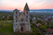 Amazing aerial photo about the Premontre Monastery. This is a church ruin in Zsambek city Hungary. Built in 1220-1234.  Roman and gotchic style. Destroyed an big earthquake in 1763.