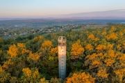 Unique geodesic tower next to Szada town in Hungary.  The builders decorated the top of the tower with a Hungarian crown shape what made with steel. Amazing panoramic autunm landscape with sunrise lights