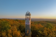 Unique geodesic tower next to Szada town in Hungary.  The builders decorated the top of the tower with a Hungarian crown shape what made with steel. Amazing panoramic autunm landscape with sunrise lights