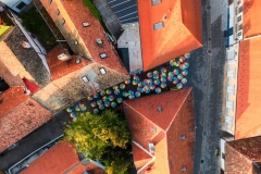 Top down view about a part of Szentendre city in Hungary. Famous tourist attraction are the opened umbrellas in a little street