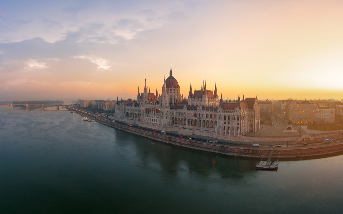 Europe Hungary Budapesr Cityscape. Parlimanet buildin. Danube river. Morning. Aerial