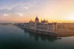 Europe Hungary Budapesr Cityscape. Parlimanet buildin. Danube river. Morning. Aerial