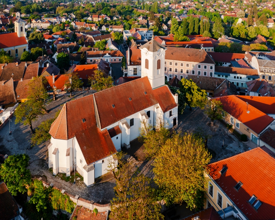 St. John's Parish Church in Szentendre in Hungary.
Amazing aerial shot of the church. This plce is part of a beautiful downtown near by Budapest