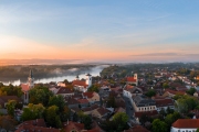 Splendid aerial cityscape about Szentendre in Hungary. Amazing little old town near by Budapest. There are beautiful old colorful houses in downtown