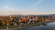 Splendid aerial cityscape about Szentendre in Hungary. Amazing little old town near by Budapest. There are beautiful old colorful houses in downtown
