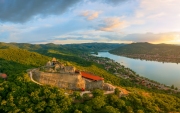 Amazing aerial landscapes about the Visegrad Castle in Hungary.  Fantastic historical castle ruin in Danube bend. Populad tourist destination