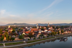 Splendid aerial cityscape about Szentendre in Hungary. Amazing little old town near by Budapest. There are beautiful old colorful houses in downtown