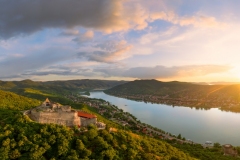 Amazing aerial landscapes about the Visegrad Castle in Hungary.  Fantastic historical castle ruin in Danube bend. Populad tourist destination