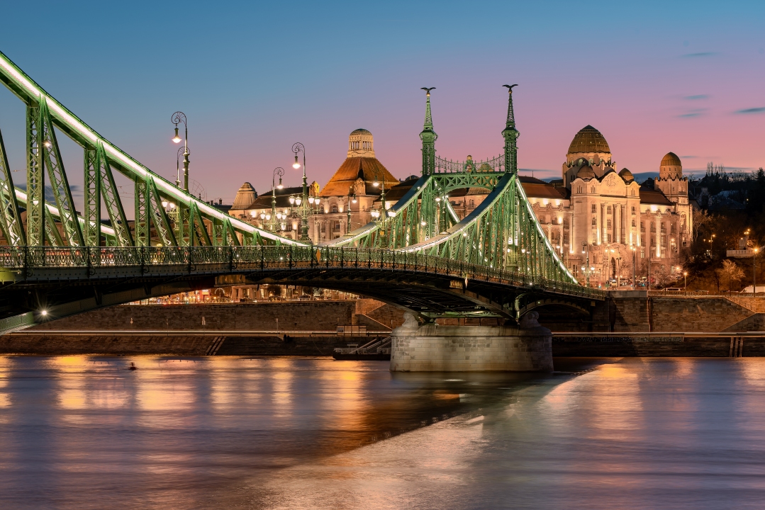 Europe Hungary Budapest cityscape. Liberty bridge. Gellert square. Hotel. Spa. Thermal Bath. Danube river