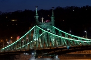 Liberty bridge in Early spring 2021. Illuminated historical bridge on the foreground and cherry blossom tree on the backkground in Budapest Hungary
