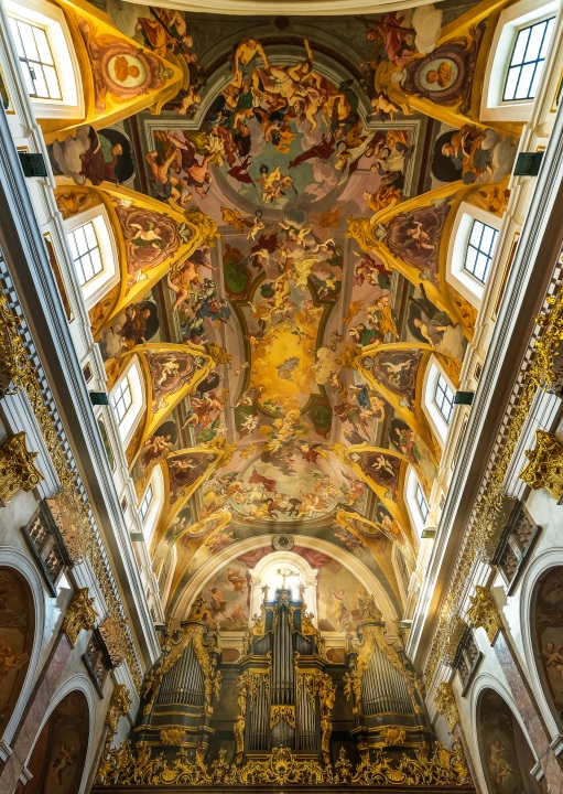 Inside of Cathedral Ljublana Slovenia. Officially named St Nichola church. Slovenian name is stolnica sv. Nikolaja. Built in 1707. Baroque style.  Amazing frescos and fantastic mood
