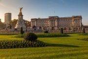 Buckingham palace in morning. No people. Beautiful autumn colors and sunrise.