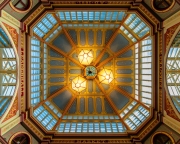 Iconic painted roof of the Leadenhall market. Built in 1881. There are many bars restaurants and shops. Famous tourist sight in London city.