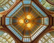Iconic painted roof of the Leadenhall market. Built in 1881. There are many bars restaurants and shops. Famous tourist sight in London city.