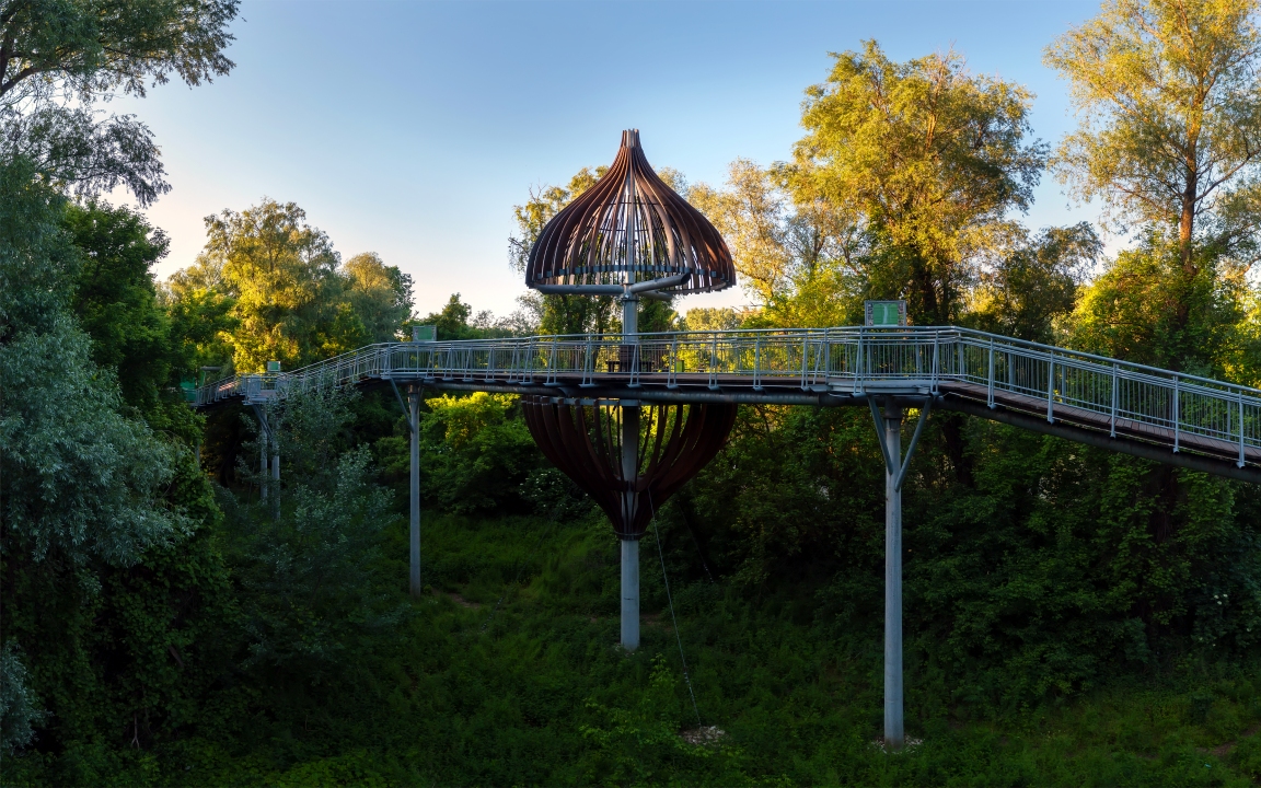 Canopy walkway in Mako city. Amazing education trail in Maros river's floodplain. include a  lookout tower and onion shape wood umbrella. The onion is a symbol for this city due famous Mako Onion.
