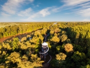 Canopy walkway in Mako city. Amazing education trail in Maros river's floodplain. include a  lookout tower and onion shape wood umbrella. The onion is a symbol for this city due famous Mako Onion.