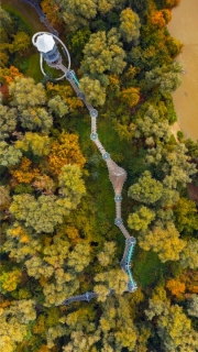 Canopy walkway in Mako city Hungary. Adventure park for families. There is an onion shape cupola in the middle. Amazing place next to maros river in a forest.