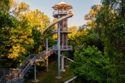 Canopy walkway in Mako city. Amazing education trail in Maros river's floodplain. include a  lookout tower and onion shape wood umbrella. The onion is a symbol for this city due famous Mako Onion.