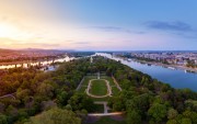 Hungary Budapest. Amazing cityscape about the Margaret island in sunset time. Fantastic green area. Popular outdoor meeting point for citizens and tourists.