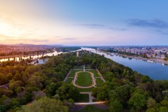 Hungary Budapest. Amazing cityscape about the Margaret island in sunset time. Fantastic green area. Popular outdoor meeting point for citizens and tourists.